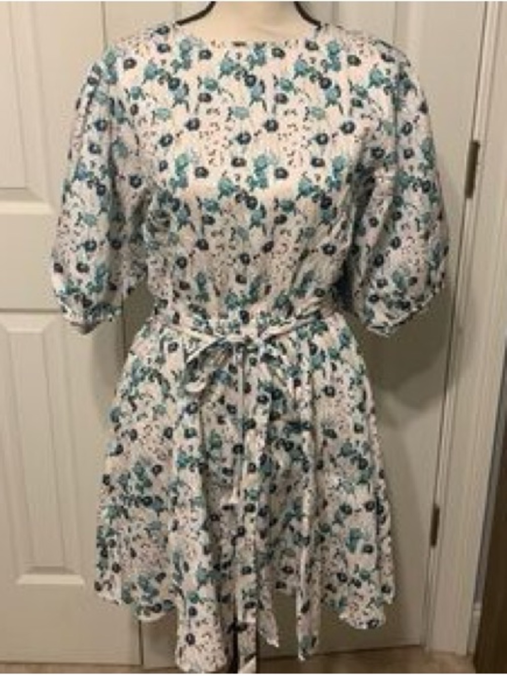 Melloday MediumFloral Puff-Sleeve Tie-Waist Dress in White and Teal